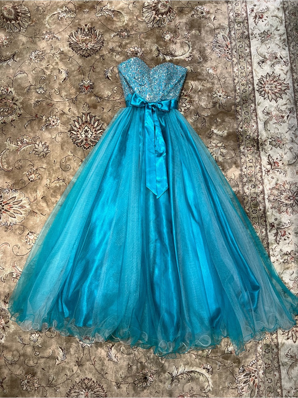 Sean Collection Sweetheart Neckline Teal Sequin Strapless Tulle Gown